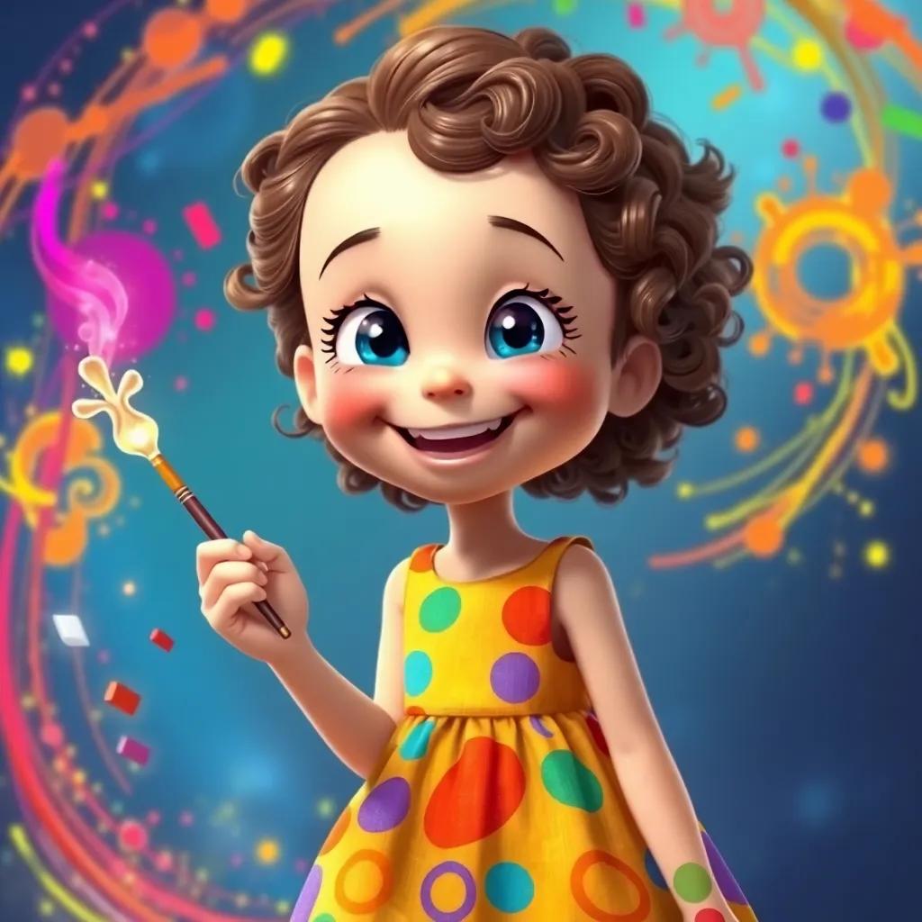 Lucy, a young girl with curly brown hair in a colorful dress, smiling wide with her magic paintbrush in her hand as colorful drawings swirl around her, joyful expression, magical scene, digital art, high quality