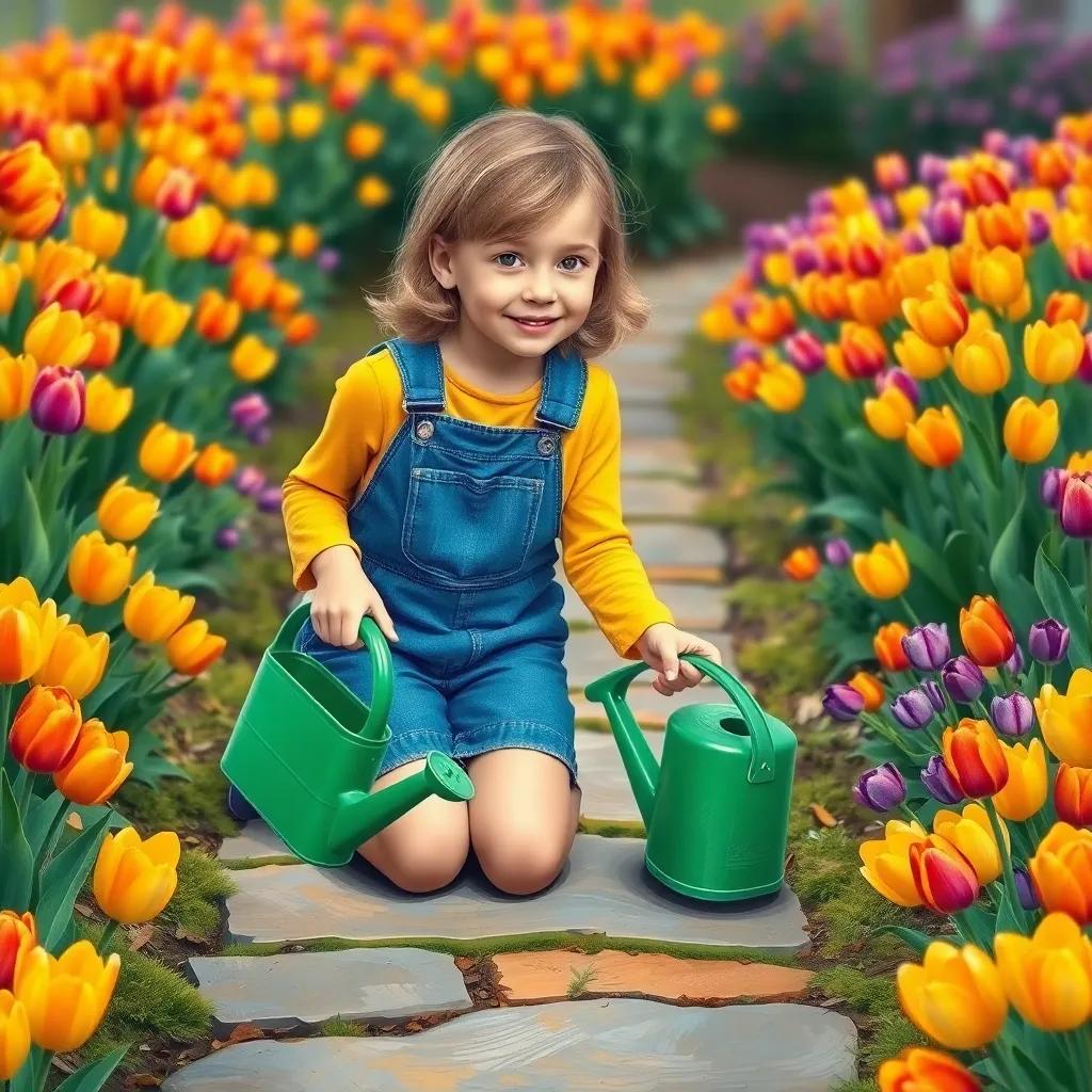 A young girl, Lucy, with light brown hair, wearing a blue dungaree and a yellow shirt, kneeling on a stone pathway in a colorful flower garden, green watering can in hand, vibrant tulips in shades of orange, yellow, and purple all around her, digital art, bright colors, cheerful atmosphere, high quality