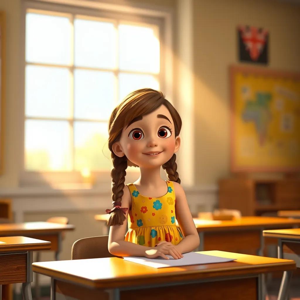 A young girl, Lucy, with brown hair in braids, wearing a cheerful dress, sitting at a classroom desk, bright sunlight streaming through the window, happy atmosphere, vibrant colors, detailed digital art, warm and inviting light
