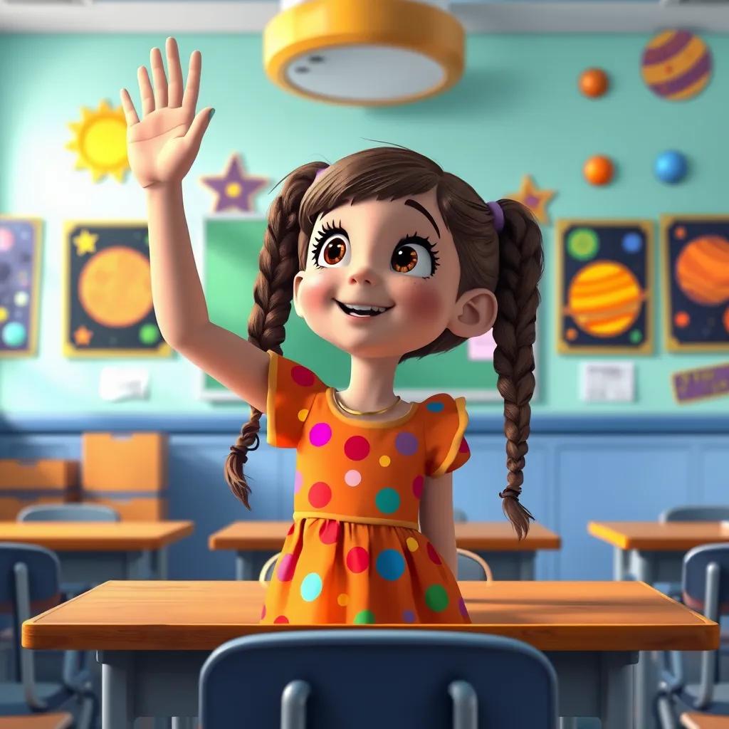 A young girl, Lucy, with brown hair in braids, wearing a cheerful dress, excitedly raising her hand in class, surrounded by colorful posters of stars and planets, bright classroom, cheerful atmosphere, illustration-like, vibrant colors
