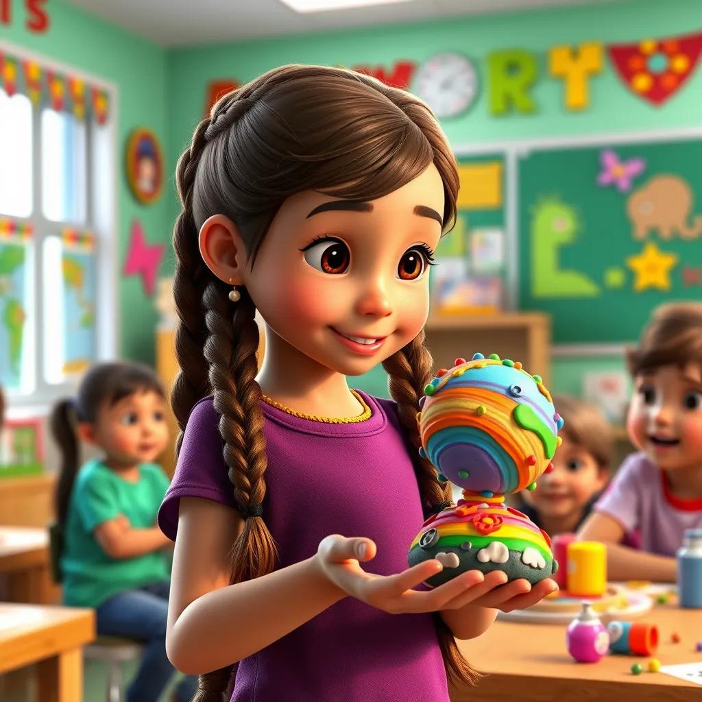 A young girl, Lucy, with brown hair in braids, showing her rainbow planet project made of clay and colorful beads, classmates watching with excitement, bright classroom decorated with art, vibrant colors, child-friendly