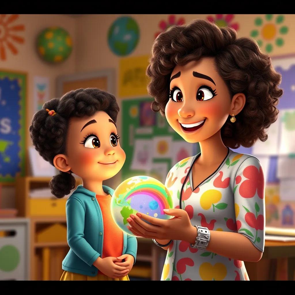 A proud teacher, Miss Laura, with curly hair and colorful clothes, smiling at Lucy as she admires her rainbow planet, classroom filled with art and decorations, warm colors, heartwarming moment, bright and inviting