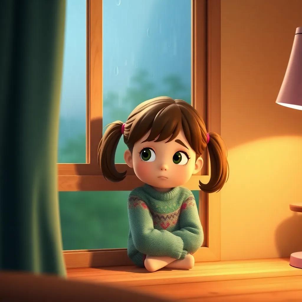 A little girl, Lucy, sitting by a window with raindrops falling outside, looking a bit sad, with her brown hair in pigtails, wearing a colorful sweater, cozy room setting, soft lighting, warm ambiance, high quality