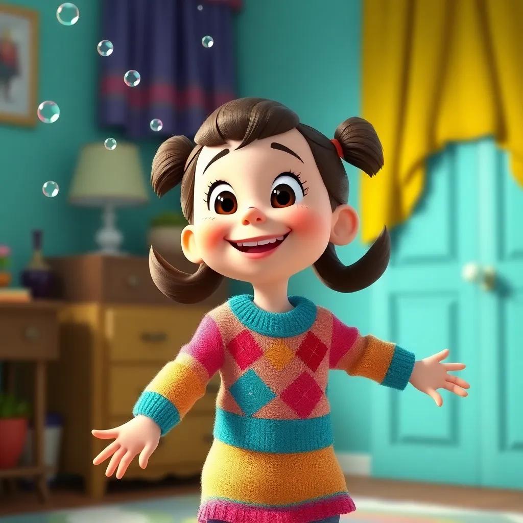 Lucy, with pigtails and a colorful sweater, imagining raindrops as tiny dancers, smiling brightly with her arms out, dancing joyfully in her room, digital art, cheerful style, vibrant colors, playful atmosphere, high quality