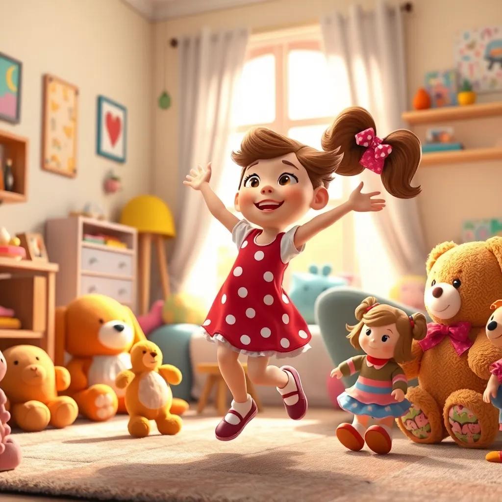 Lucy, dancing with her stuffed toys in her cozy room, happy and energetic, with her teddy bear and dolls joined in, bright daylight coming through the window, colorful decorations, inviting scene, high quality