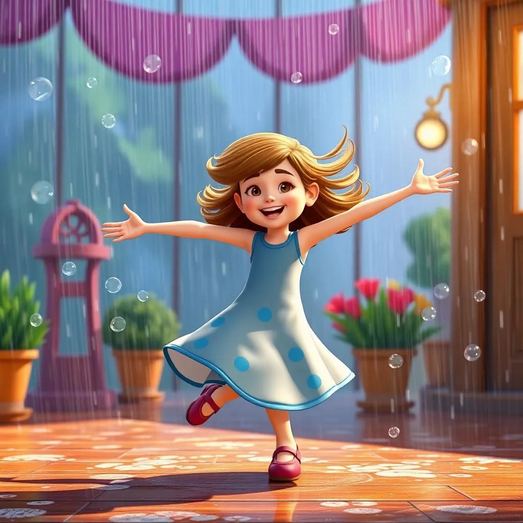 Lucy, twirling with her arms wide open, her hair flying around her, surrounded by dancing raindrops outside, cheerful and lively atmosphere, bright colors, imaginative scene, high quality
