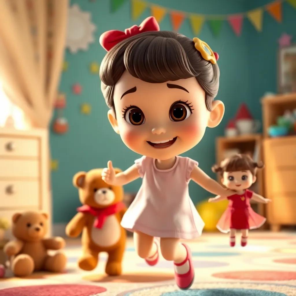 A close-up of Lucy dancing in her room, with her teddy bear and doll happily spinning along, joyful expressions, colorful decorations in the background, bright and fun, high quality