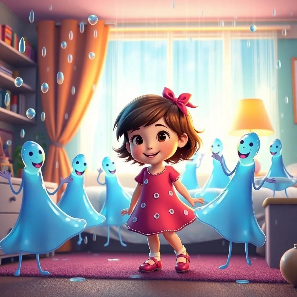 Lucy surrounded by imaginary raindrop dancers, twirling and laughing, creating a magical party atmosphere in her room, bright colors, enchanting imagery, high quality