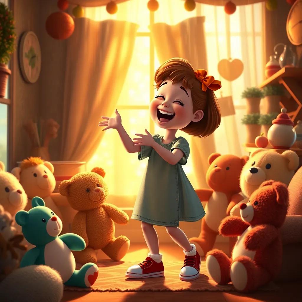 Lucy laughing and dancing with her stuffed friends, cozy room filled with fun decorations, golden sunlight streaming in after the rain, inviting and warm colors, high quality