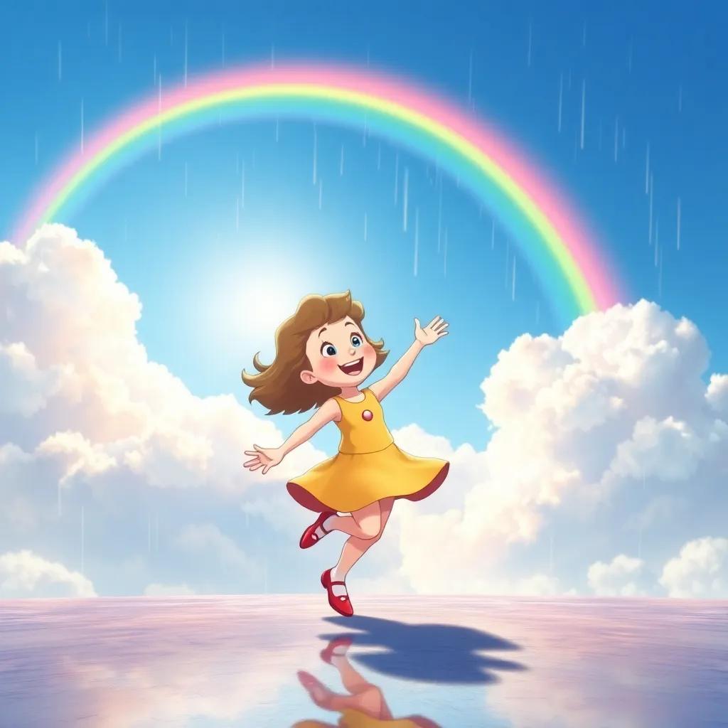 Lucy joyfully spinning and dancing under a rainbow that appeared after the rain, bright blue sky and fluffy clouds in the background, colorful harmony, high quality