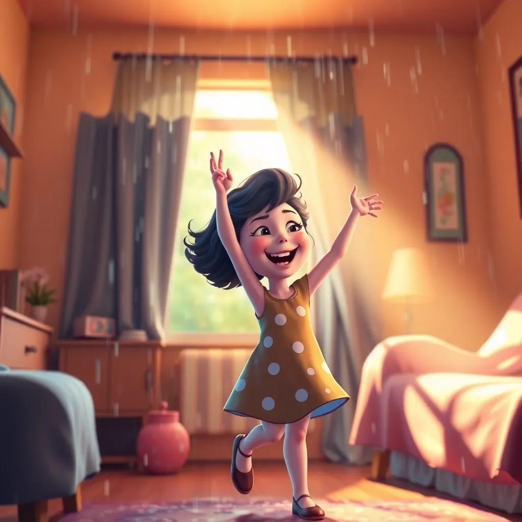 Lucy happily dancing in her room, remembering her fun dance party on a rainy day, with sunshine peeking through, bright ambiance, joyful expressions, high quality