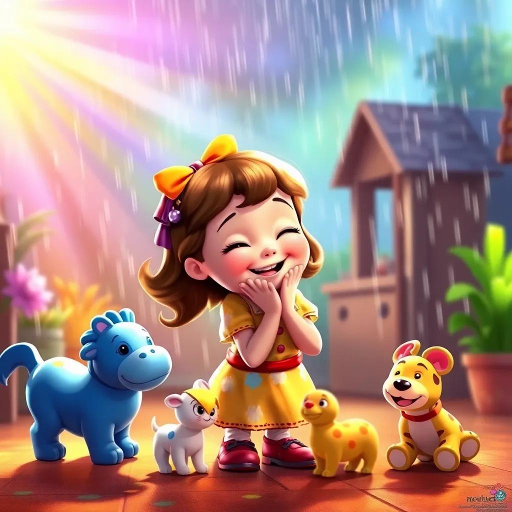 Lucy cheerfully bowing to her toys, with raindrops fading away, colorful sunlight pouring in, reflecting joy and happiness, warm and inviting scene, high quality