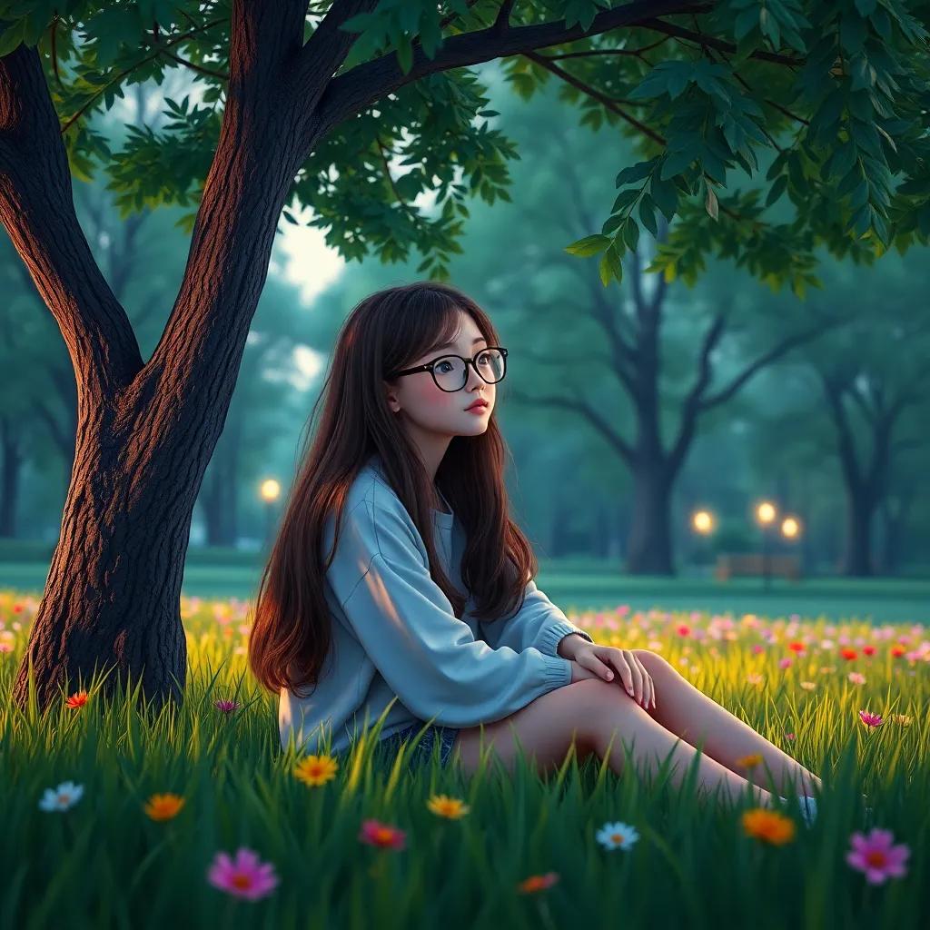 A teenage girl, Lucy, with long brown hair and glasses, sitting under a tree in a park, looking thoughtful, surrounded by green grass and colorful flowers, digital art, calming colors, inviting atmosphere, high quality