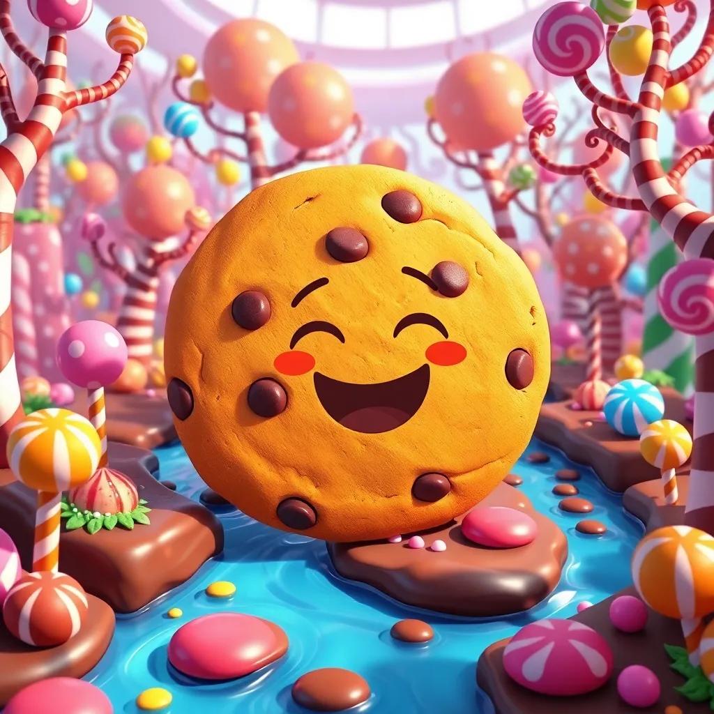 A large, golden cookie with chocolate chips giggling, surrounded by a colorful bakery world filled with candy trees and chocolate rivers, whimsical style, bright colors, joyful atmosphere, fun perspective, high quality
