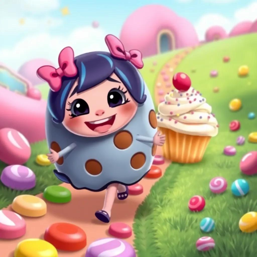 Lulu following the Chuckling Cookie down a candy path, with a friendly cupcake named Sprinkles, both laughing and sharing stories in a vibrant, candy-filled landscape, playful illustration, colorful, cheerful, upbeat vibe, high quality