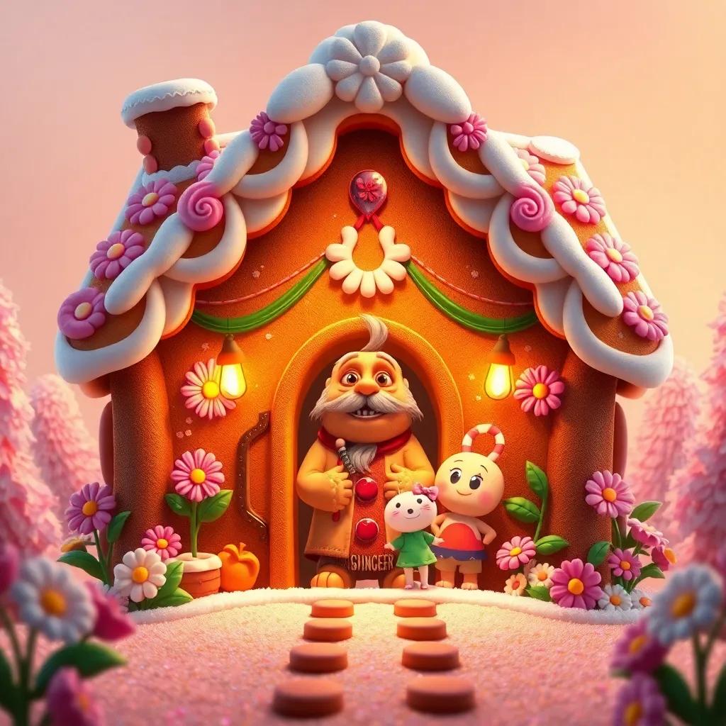 A giant gingerbread house with frosting flowers, inside it a wise old cookie named Ginger welcoming Lulu, the Chuckling Cookie, and Sprinkles, warm and inviting atmosphere, soft lighting, magical feeling, high quality