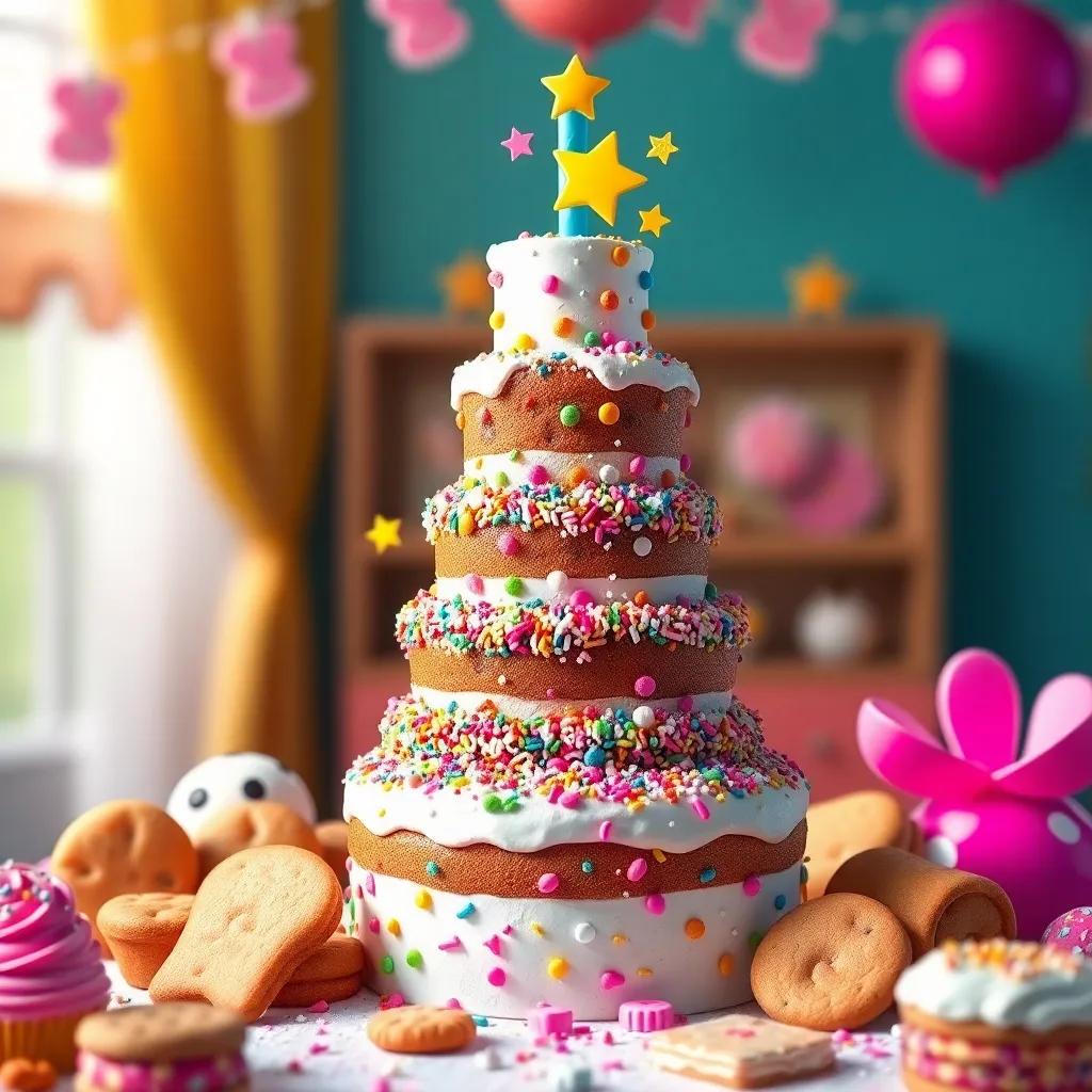 A towering cake decorated with colorful sprinkles and sugary stars, surrounded by cookies and sweets celebrating with joy, festive mood, bright colors, cheerful ambiance, high quality