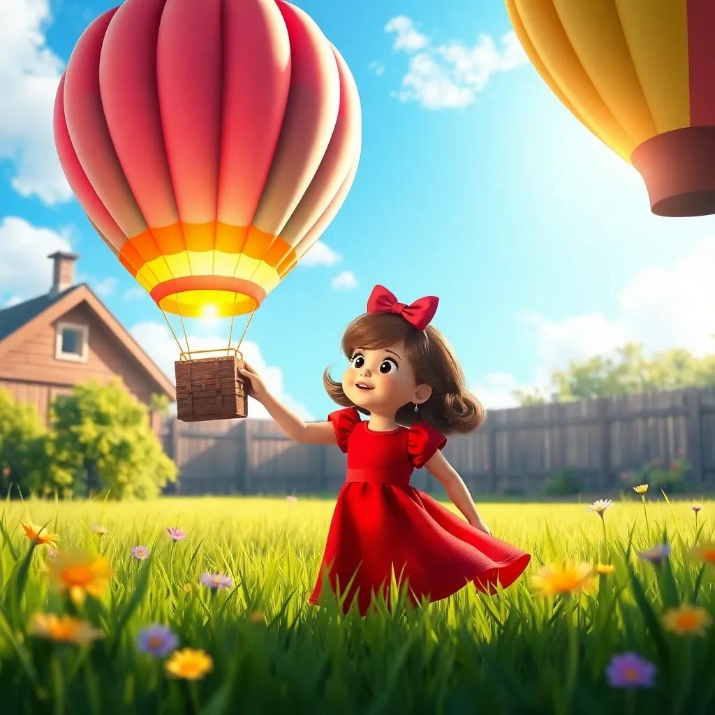 A curious girl, Lulu, in a bright red dress, discovering a colorful hot air balloon in her backyard, surrounded by green grass and flowers, cheerful atmosphere, sunny sky, digital art, vibrant colors, high quality, enchanting scene, version 5