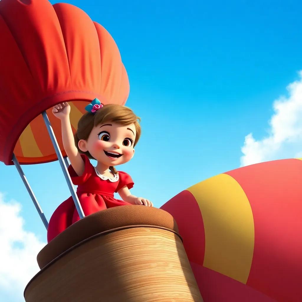 Lulu, a curious girl in a bright red dress, happily climbing into a colorful hot air balloon, with a clear blue sky above, excitement on her face, digital painting, playful, inviting, bright colors, high quality, adventure scene, version 5