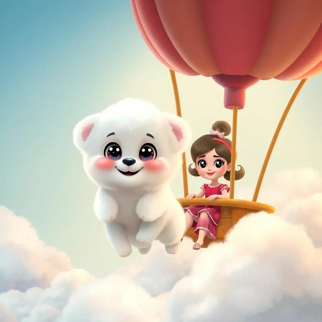 A fluffy cloud puppy with big sparkling eyes happily approaching Lulu, who is in a bright red dress in a colorful hot air balloon, fluffy clouds surrounding them, charming atmosphere, soft light, illustration, warm, friendly, child-friendly, high quality, version 5
