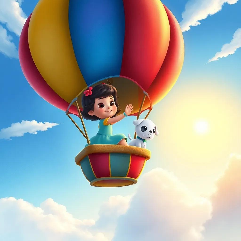 Lulu in a colorful hot air balloon, soaring high in the sky, searching with a friendly cloud puppy, golden sun rays glowing around them, whimsical, inspiring scenery, watercolor style, vibrant colors, cheerful quality, version 5