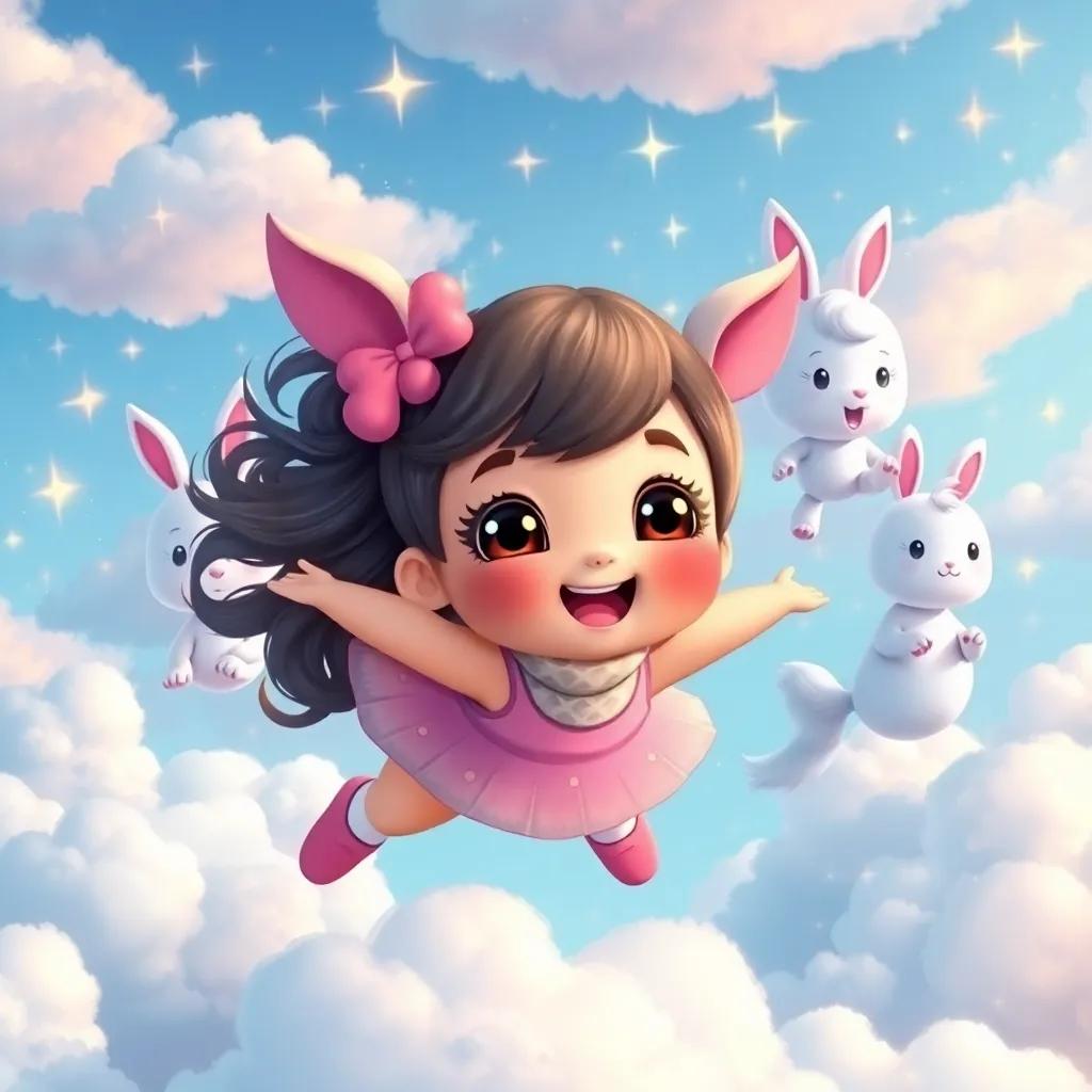 Lulu floating through sparkling clouds with cloud animals, including a fluffy cloud bunny and a cloud horse, all smiling and bouncing together, joyful atmosphere, colorful skies, detailed illustration, child-friendly, vibrant colors, high quality, version 5