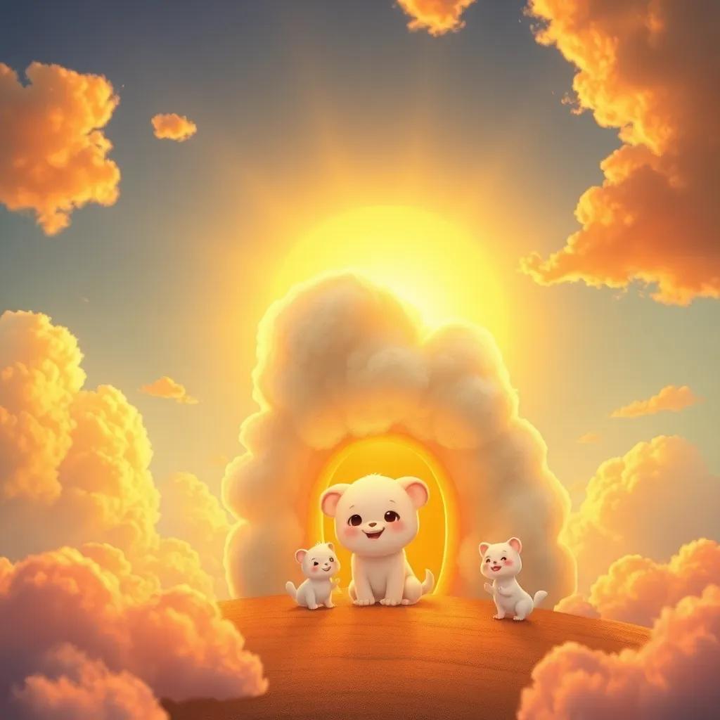 A golden sunset with shimmering clouds and a happy cloud puppy reaching its home, surrounded by joyful cloud family, beautiful warm colors, peaceful ambiance, fantasy art, heartwarming scene, high quality, version 5