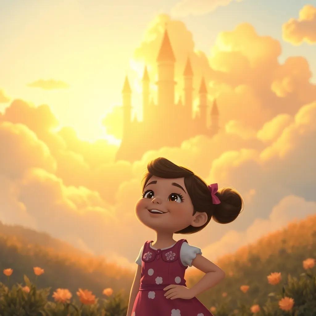 Lulu smiling with pride as she sees the cloud kingdom with golden clouds, sparkling in the sunset, feeling accomplished, warm colors, soft light, enchanting atmosphere, digital painting, whimsical perspective, high quality, version 5