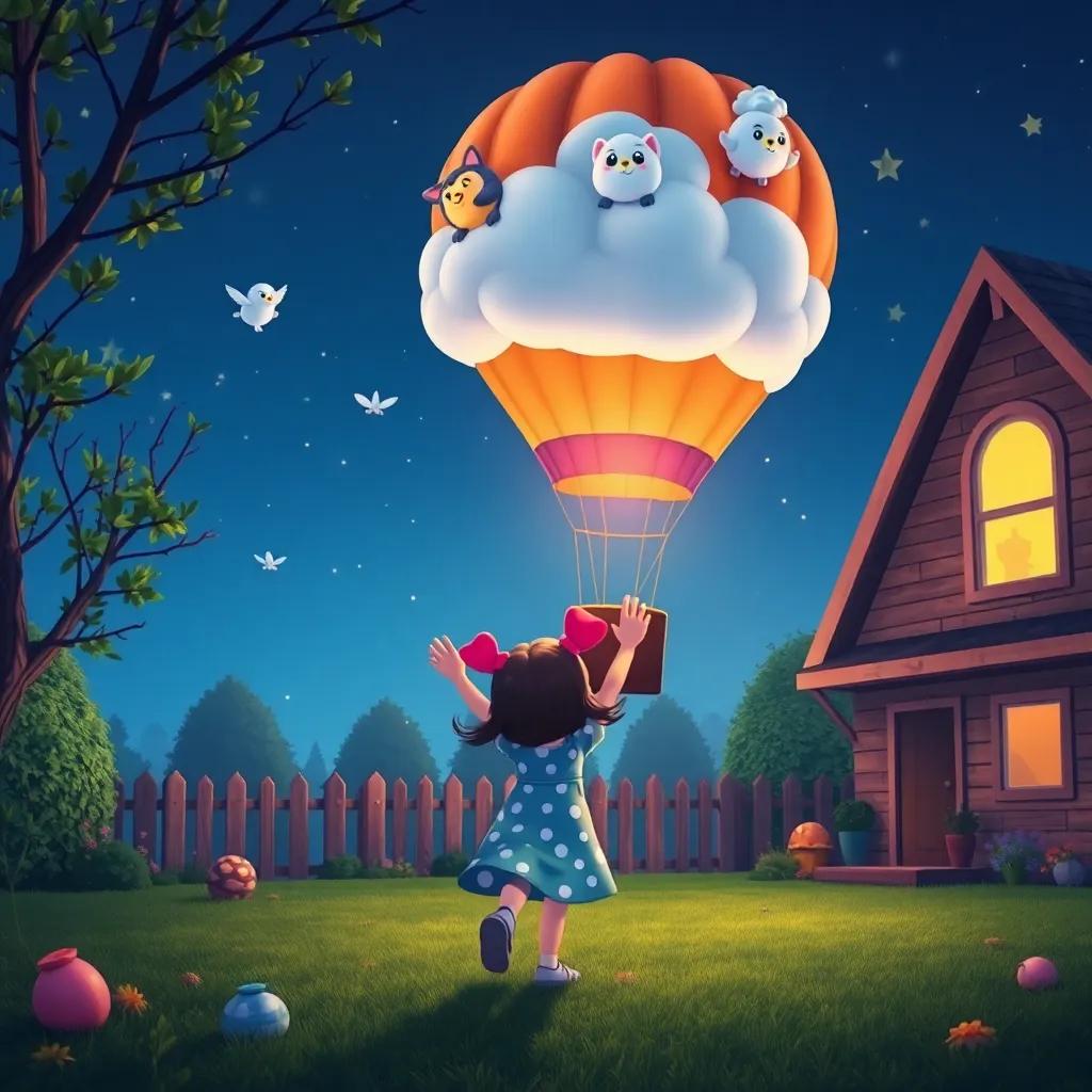 Lulu waving goodbye to cloud animals, with the hot air balloon gently landing in her cozy backyard, stars beginning to twinkle in the night sky, heartwarming scene, colorful, magical, high quality, version 5