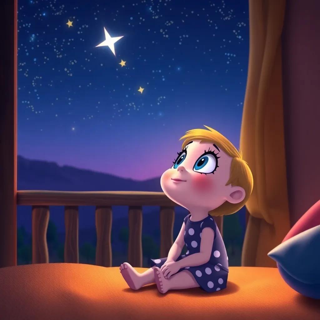 Lulu at home, looking up at the stars with a sparkle in her eye, thinking about her exciting adventure, warm night scene, peaceful, inspiring atmosphere, digital art, vibrant colors, child-friendly, high quality, version 5