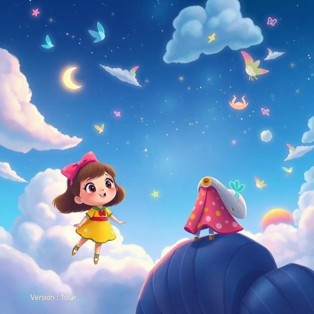A whimsical illustration of Lulu's next adventure waiting for her, filled with colorful scenes of the sky and clouds, magical elements, vibrant colors, imaginative format, child-friendly, artistic quality, version 5