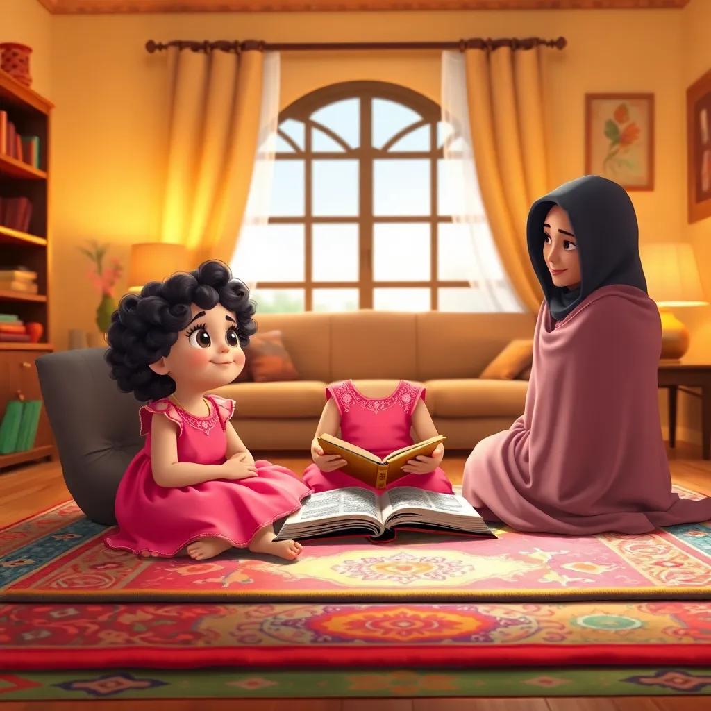 A young girl, Lulu, with curly dark hair, wearing a bright pink dress, sitting on a colorful rug with her parents in a cozy living room, discussing the stories of the Quran, digital art, warm colors, inviting atmosphere, high quality