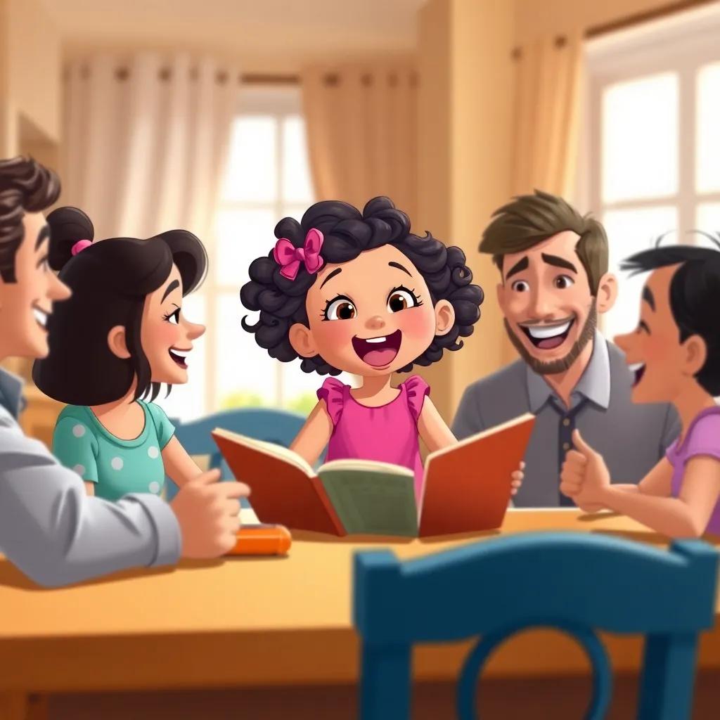 Lulu, a young girl with curly dark hair in a bright pink dress, excitedly sharing stories at the dining table with her mother and father, joyful expressions, soft light, detailed illustration, cheerful