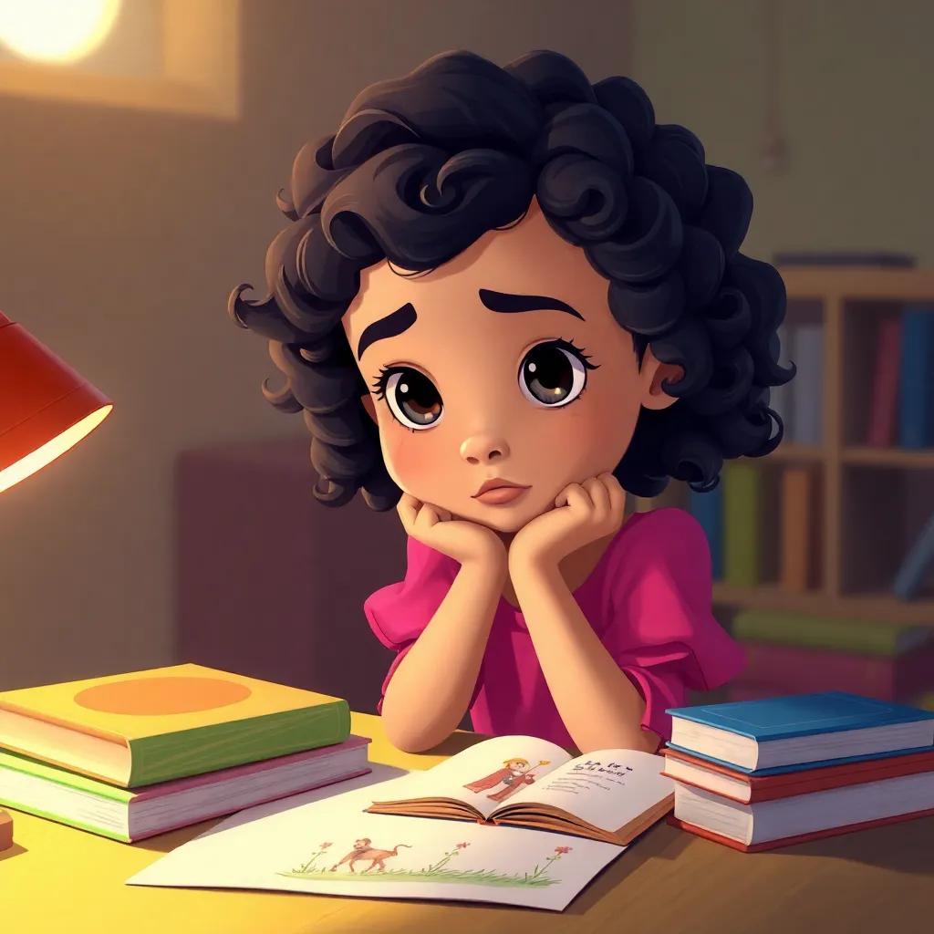 Lulu, a young girl with curly dark hair in a bright pink dress, thinking deeply about Prophet Yusuf, with colorful books and a drawing of Yusuf on the table, thoughtful expression, warm light, quality illustration, magic of storytelling