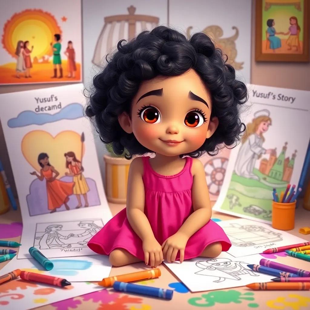 Lulu, a young girl with curly dark hair in a bright pink dress, surrounded by her drawings of Yusuf's story, colorful and bright, with crayons and paints scattered around, vibrant art scene, engaging quality, creativity