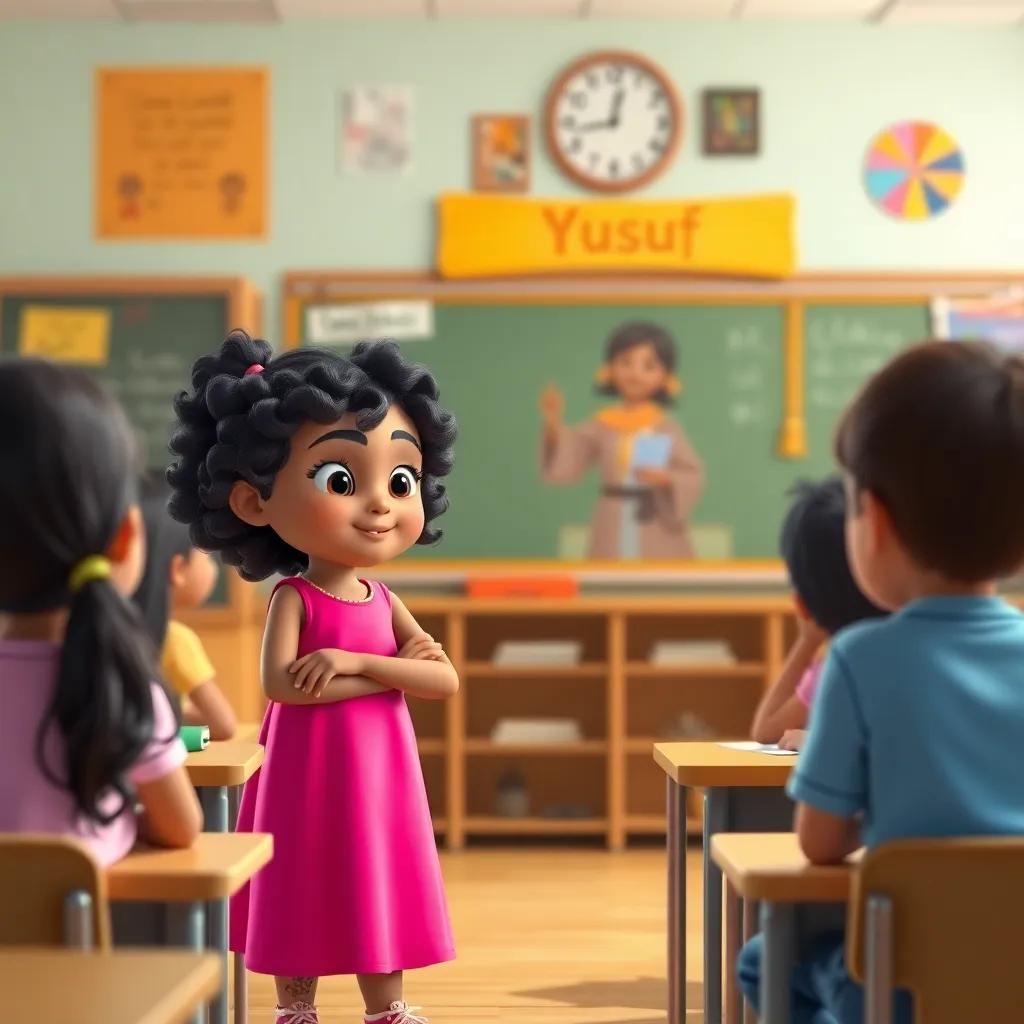 Lulu, a young girl with curly dark hair in a bright pink dress, standing confidently in front of her classroom, sharing her story about Yusuf, classmates listening attentively, bright and colorful classroom, friendly atmosphere, high quality