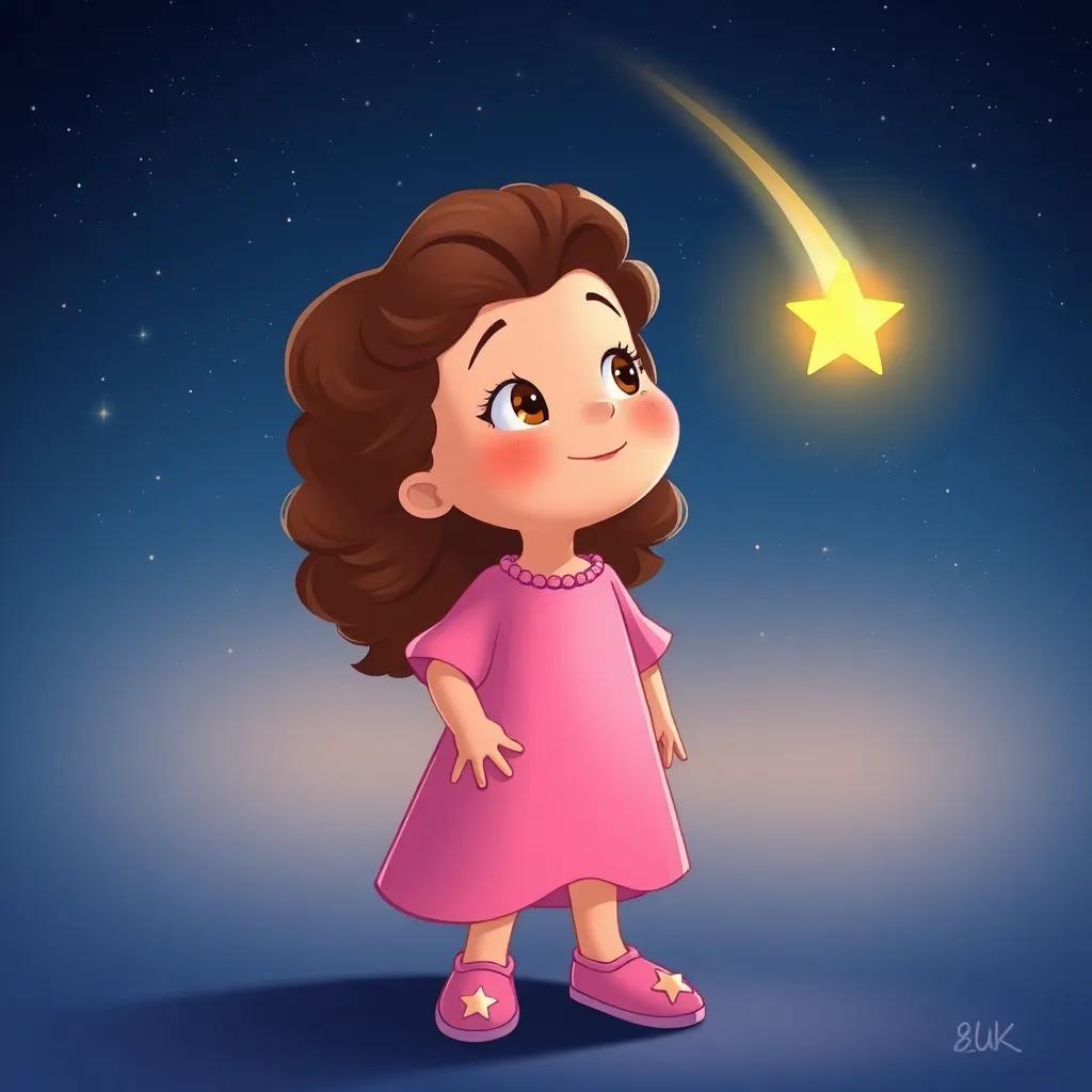 A young girl, Lulu, with curly brown hair, wearing a pink nightgown and star-patterned slippers, staring at a bright shooting star in the night sky, digital art, cheerful, magical atmosphere, high quality