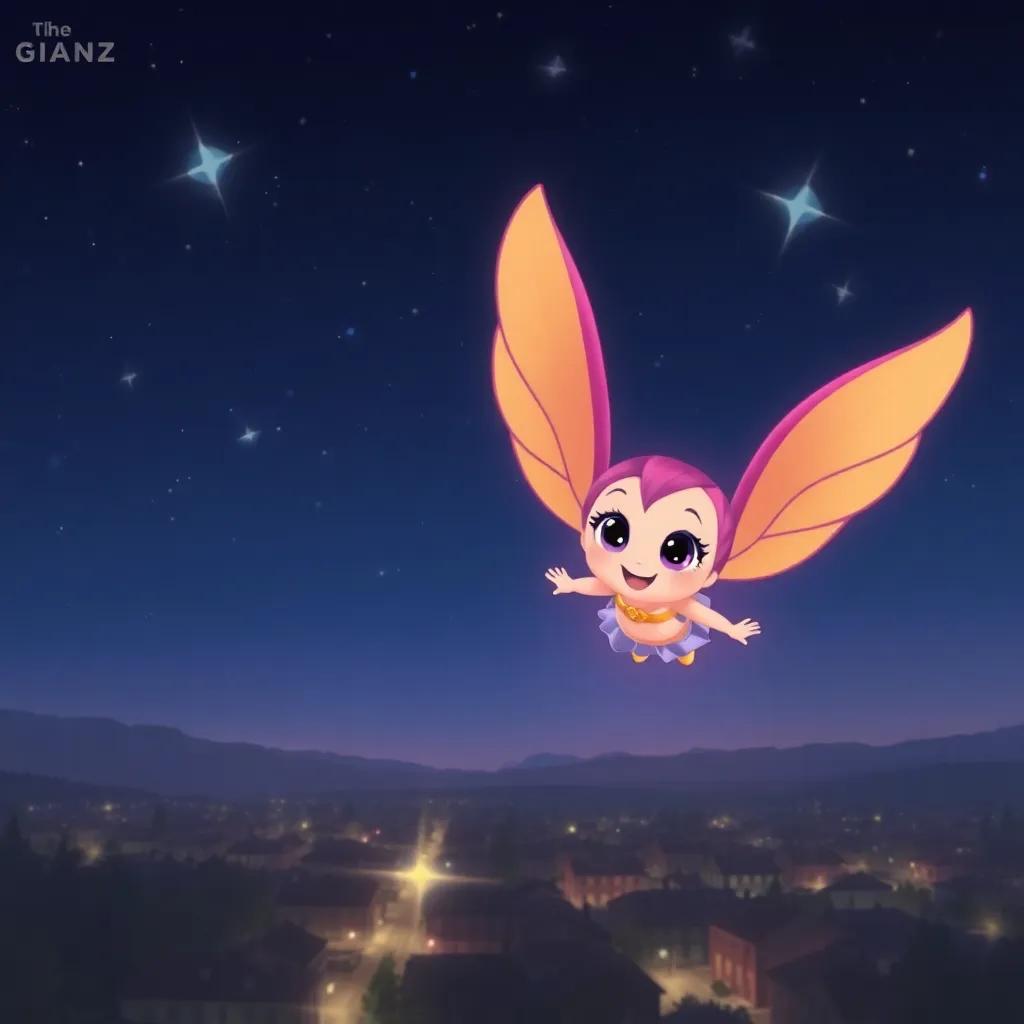Lulu and Sparkle flying above a quiet town at night, the houses below are dark, and the stars sparkle like diamonds above, digital painting, serene, magical view, high quality