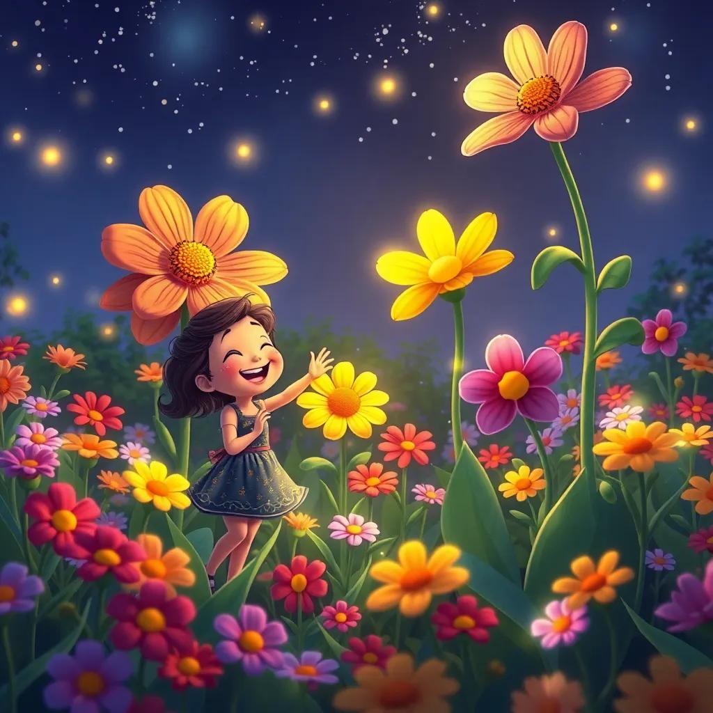 A garden full of colorful flowers dancing at night, Lulu is laughing and playing with Rosie, a tall flower with smiling petals, surrounded by twinkling lights, illustration, bright and lively, high quality