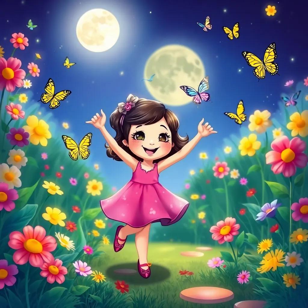 Lulu dancing with flowers in a beautiful garden, butterflies flying around, under a big moon, joyful and colorful scene, digital art, whimsical, high quality