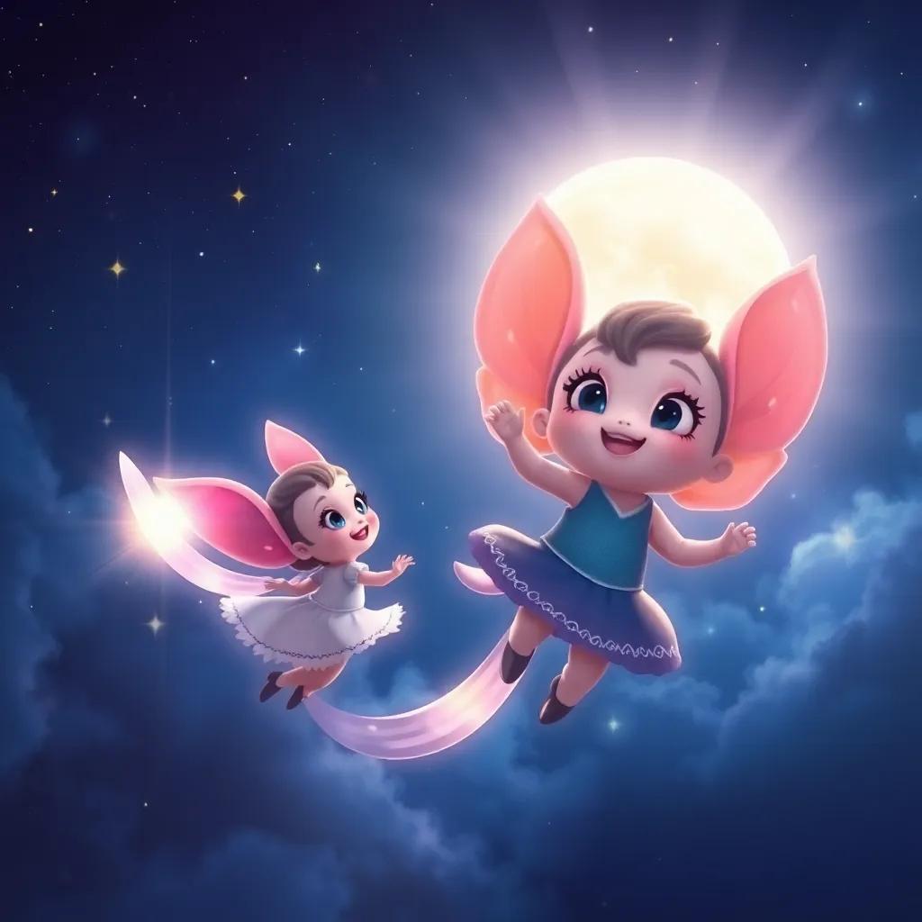 Lulu and Sparkle flying towards the wise moon, Luna radiates bright light with a gentle smile, surrounded by stars, digital painting, dreamlike, high quality