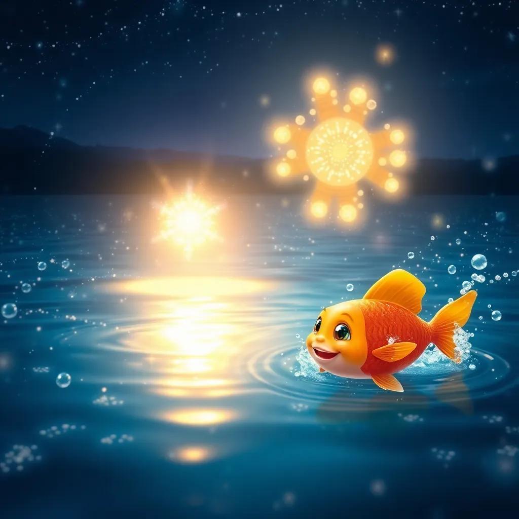 A sparkling lake at night with Lulu and Sparkle above it, water shimmering like stars and Bubbles the fish splashing joyfully, digital art, radiant colors, serene and magical, high quality