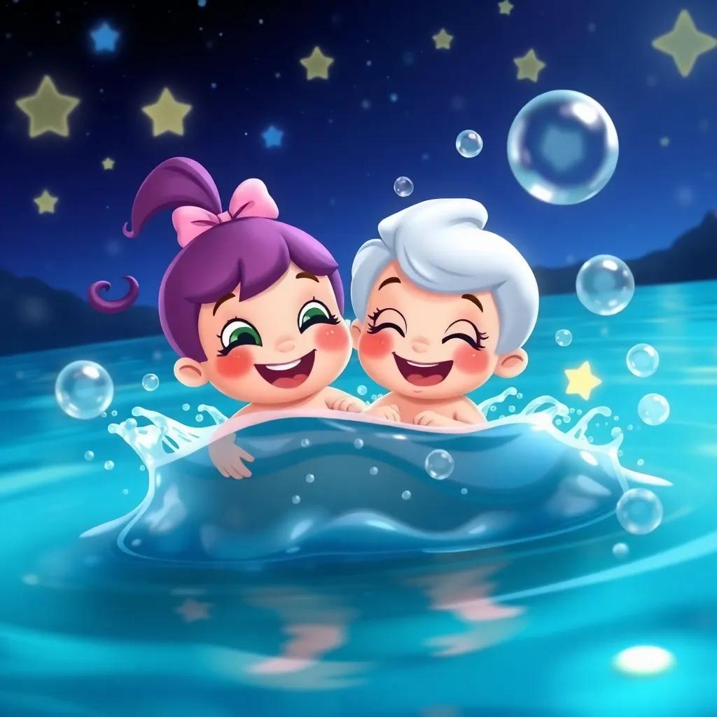 Lulu splashing in the lake with Bubbles, both giggling and playful, surrounded by glowing stars and a night sky, digital illustration, fun and lively, high quality