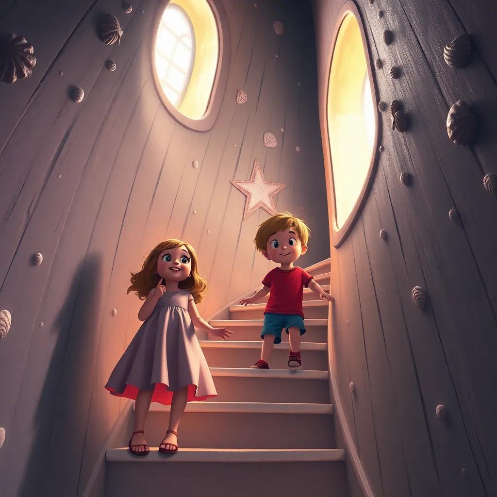 Inside the lighthouse, Luna and Leo climbing the spiral staircase with a magical light shining at the top, both children looking amazed and happy, decorated walls with seashells, soft light from the lighthouse, fantasy elements, warm colors, inviting atmosphere, high quality