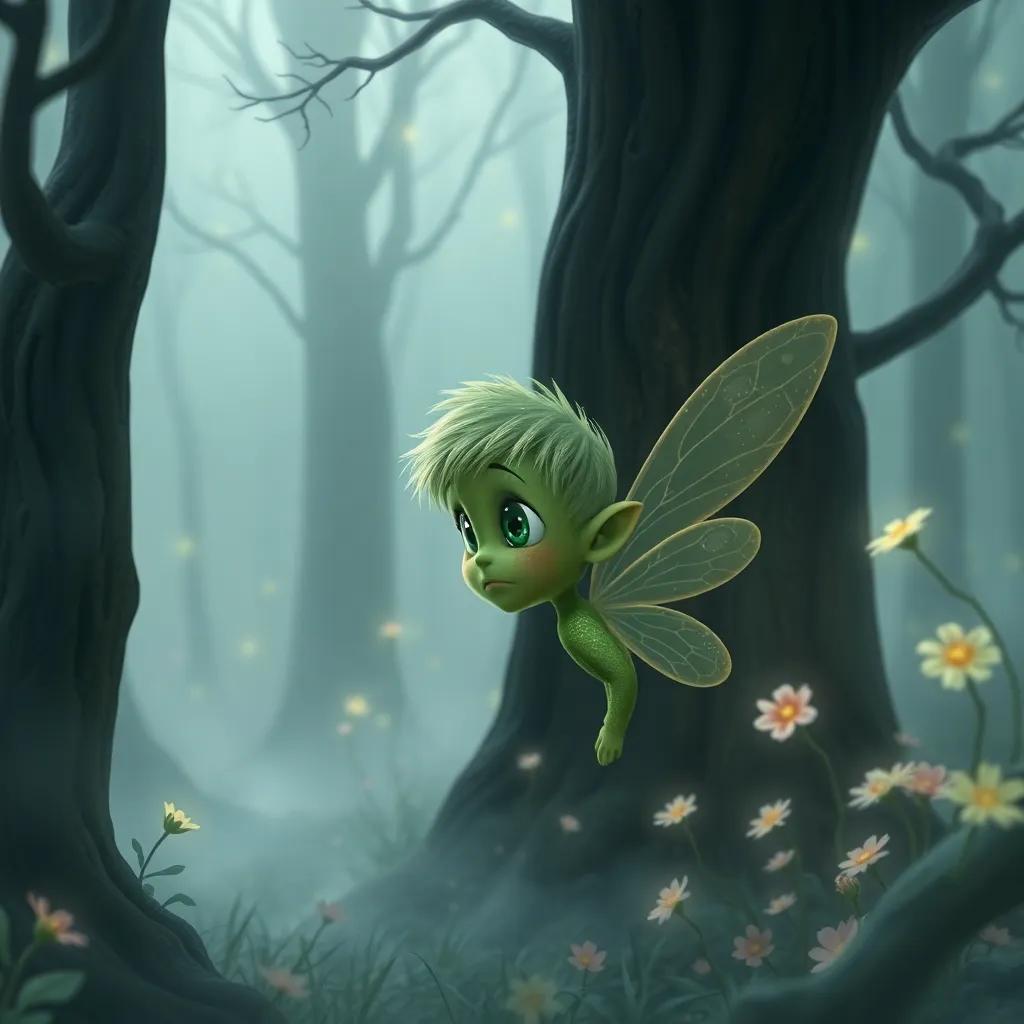 A small green fairy, Lumin, with sparkling eyes and a worried expression, looking around a misty enchanted forest that is dim and colorless; magical trees and flowers surrounding him, digital art, whimsical style, muted colors, dreamy atmosphere, high quality