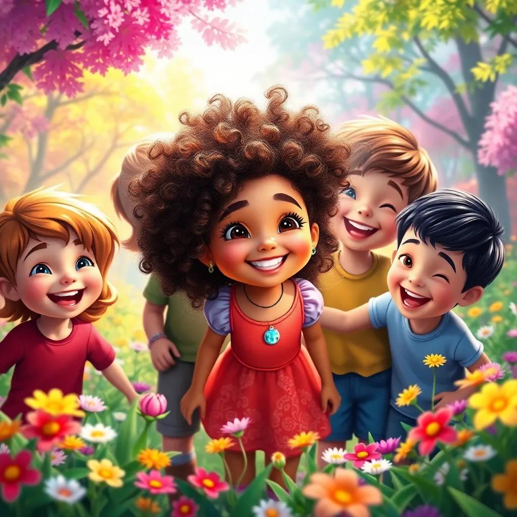 A group of children, led by a smiling girl with curly hair, surrounding Lumin the fairy in a bright, vibrant forest filled with colors; laughter and joy on their faces, colorful flowers and trees around, playful and cheerful, bright light, friendly atmosphere, high quality