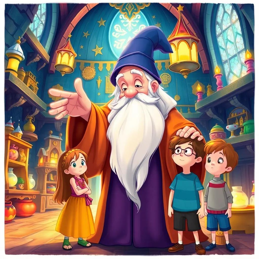An old wizard with a long white beard and glowing robes, pointing at Luna and Max, who stand surprised, inside a beautifully decorated wizard's castle filled with magical items, digital art, bright colors, whimsical, child-friendly, warm light, storytelling perspective, high quality