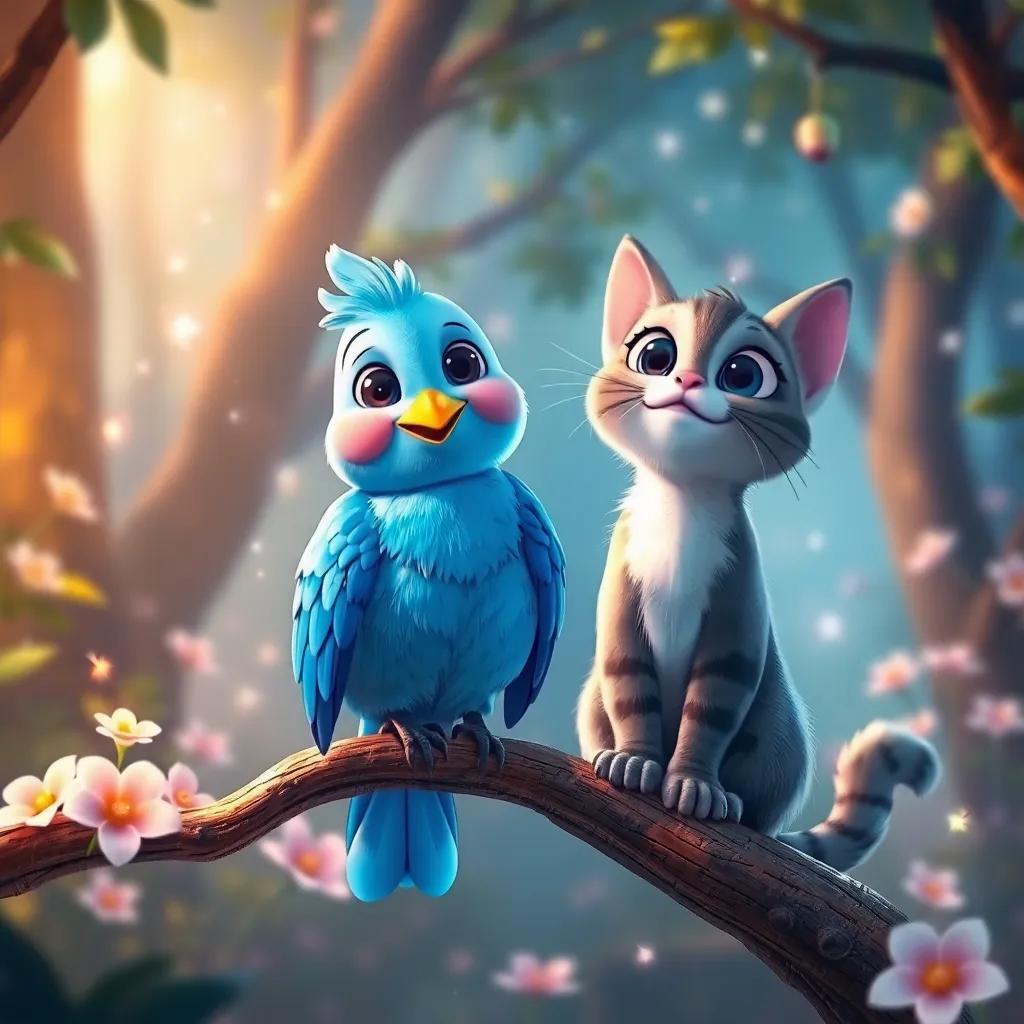 A brave little bird, Sky, with bright blue feathers and a friendly smile, sitting on a branch next to Luna, the curious cat, looking excited in a magical forest with sparkling flowers, delightful scenery, warm light, joyful vibe, high quality