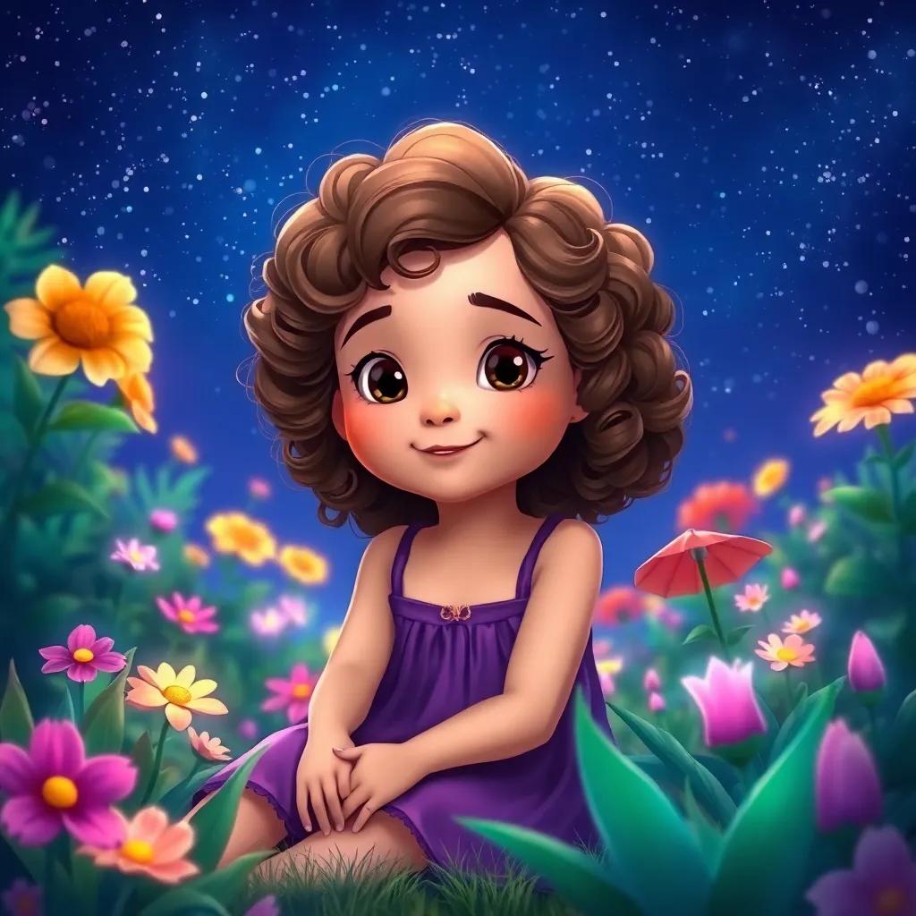 A young girl, Luna, with curly brown hair, wearing a purple dress, sitting in a vibrant garden under a starry night sky, with flowers glowing softly, dreamy atmosphere, detailed, child-friendly