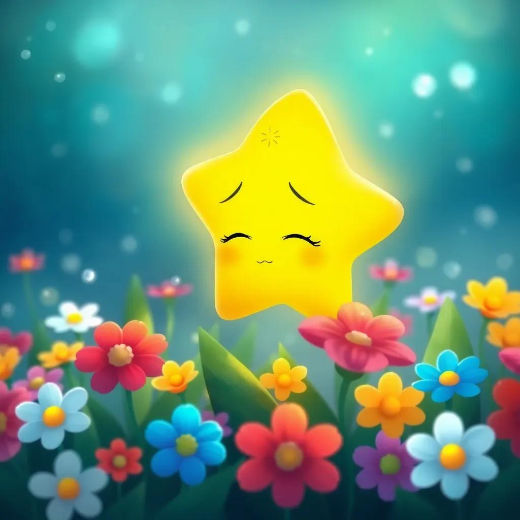 A little star, Twinkle, glowing softly, looking sad in the flower bed, surrounded by colorful blossoms and silvery dewdrops, heartwarming scene, illustration, cheerful